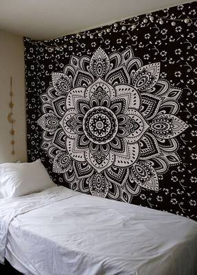 Indan 100% Cotton Queen Size Black Silver Flower Tapestry 1