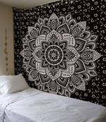Indan 100% Cotton Queen Size Black Silver Flower Tapestry