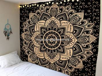 Indan 100% Cotton Queen Size Black Golden Flower Tapestry 1