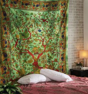 Indan 100% Cotton Queen Size Green Tree of Life Tapestry 1