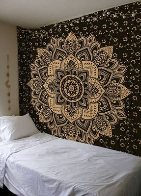 Indan 100% Cotton Queen Size Black Golden Flower Tapestry 1