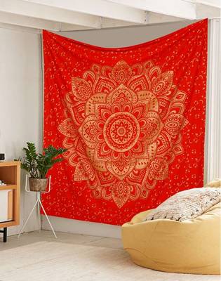 Indan 100% Cotton Queen Size Red Golden Flower Tapestry 1