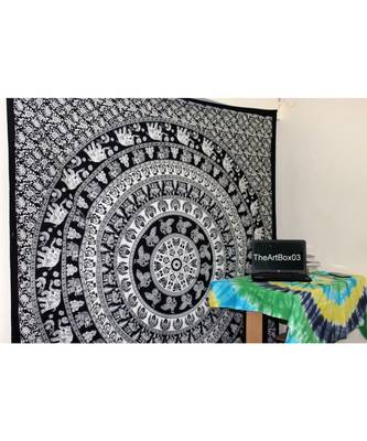 Indan 100% Cotton Queen Size Black and White Elephant Mandala Tapestry 1