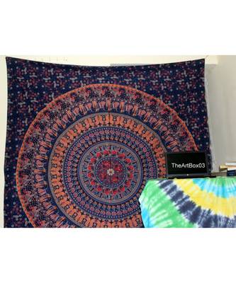 Indan 100% Cotton Queen Size Navy Blue Spoon Mandala Tapestry 1