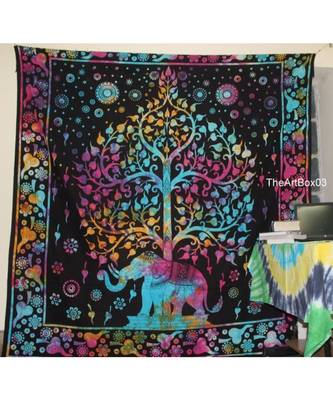 Indan 100% Cotton Queen Size Multi Elephant Tree Tapestry 1