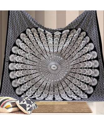 Indan 100% Cotton Queen Size Black and White Peacock Feather Mandala Tapestry 1