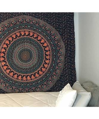 Indan 100% Cotton Queen Size Blue Peacock Mandala Tapestry 1