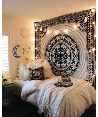 Indan 100% Cotton Queen Size Black and White Elephant Mandala Tapestry 1