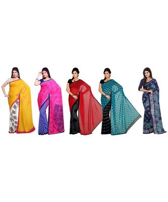 Combo of 5 Multicolor Poly Georgette Printed Women's Saree 1