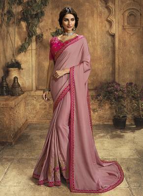 Pink plain silk saree with blouse 1