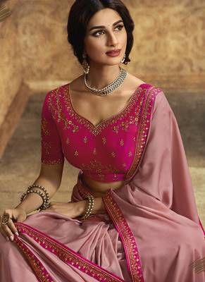 Pink plain silk saree with blouse 2