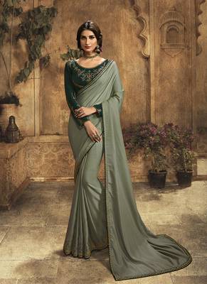 Grey plain silk saree with blouse 1