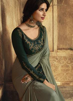 Grey plain silk saree with blouse 2