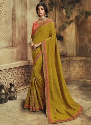 Mustard plain silk saree with blouse 1