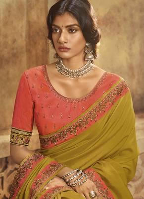 Mustard plain silk saree with blouse 2