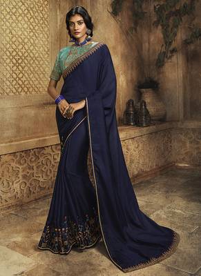 Navy blue plain silk saree with blouse 1