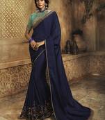 Navy blue plain silk saree with blouse