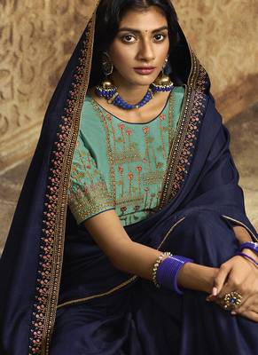 Navy blue plain silk saree with blouse 2