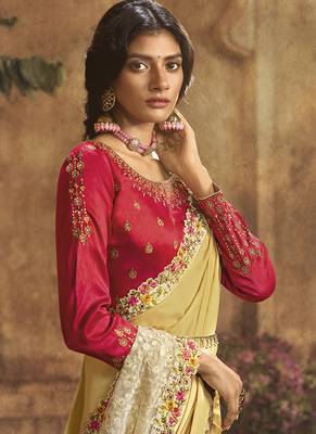 Light yellow plain silk saree with blouse 2