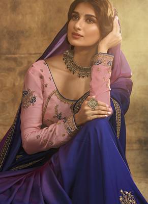 Blue plain silk saree with blouse 2
