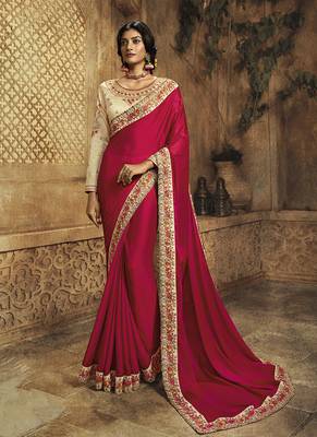Red plain crepe saree with blouse 1