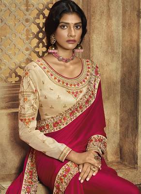Red plain crepe saree with blouse 2