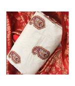 Women's Off White & Red Cotton Embroidered Dress Material With Dupatta