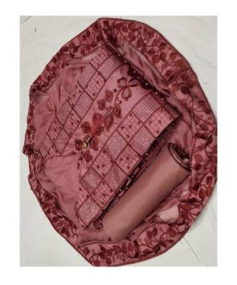 Women's Brown Cotton Embroidered Dress Material With Dupatta 1