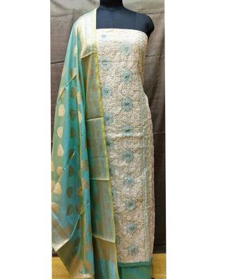 Women's Off White & Sky Blue Cotton Embroidered Dress Material With Dupatta 1