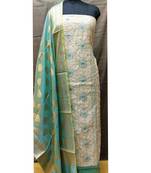 Women's Off White & Sky Blue Cotton Embroidered Dress Material With Dupatta