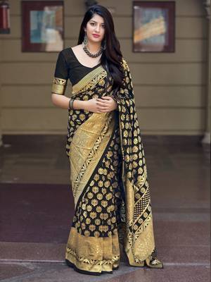 Black woven banarasi silk saree with blouse 1