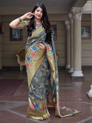 Grey woven banarasi silk saree with blouse 1