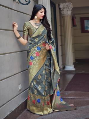 Grey woven banarasi silk saree with blouse 2