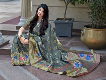 Grey woven banarasi silk saree with blouse 3