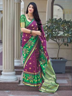 Magenta woven banarasi silk saree with blouse 1