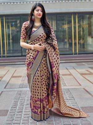 Beige woven banarasi silk saree with blouse 1