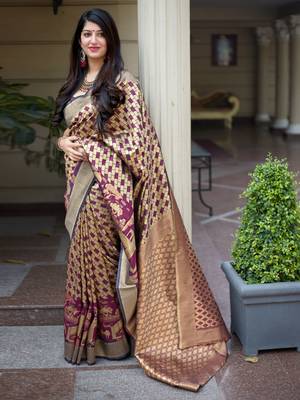 Beige woven banarasi silk saree with blouse 2