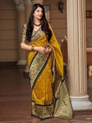 Yellow woven banarasi silk saree with blouse 2