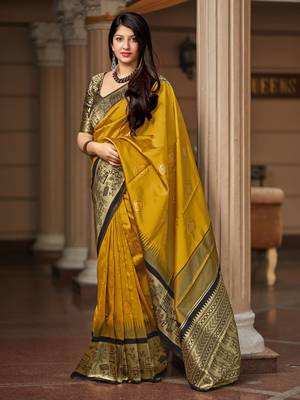 Yellow woven banarasi silk saree with blouse 3