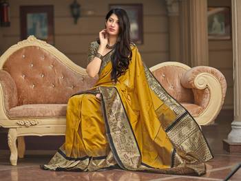 Yellow woven banarasi silk saree with blouse 4