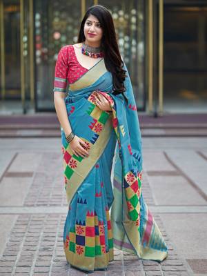 Aqua blue woven banarasi silk saree with blouse 1
