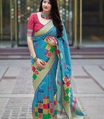 Aqua blue woven banarasi silk saree with blouse