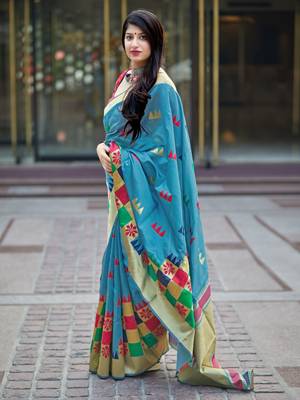 Aqua blue woven banarasi silk saree with blouse 2