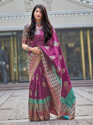 Magenta woven banarasi silk saree with blouse 2