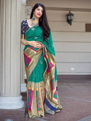 Green woven banarasi silk saree with blouse 1