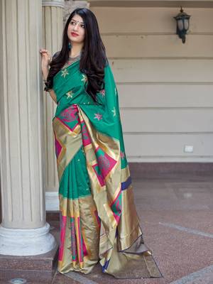 Green woven banarasi silk saree with blouse 2