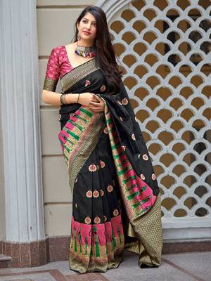 Black woven banarasi silk saree with blouse 1
