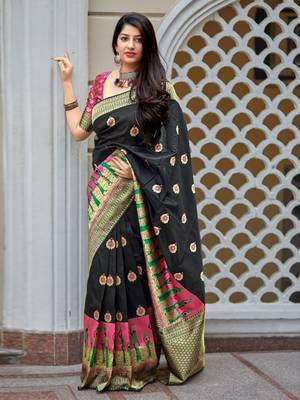 Black woven banarasi silk saree with blouse 2