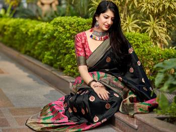 Black woven banarasi silk saree with blouse 3