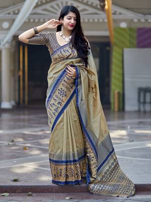 Beige woven banarasi silk saree with blouse 1
